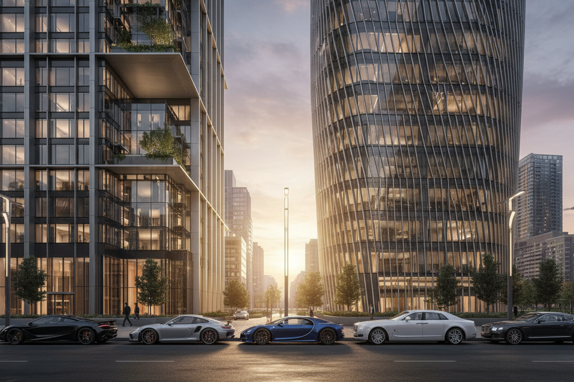 luxury cars and buildings